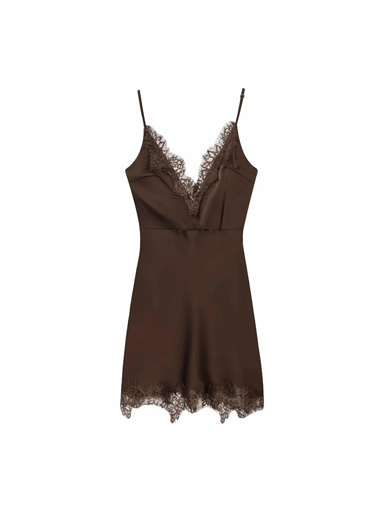 Women’s Brown Lace Satin Sling Dress - Image 3