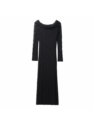 Autumn Winter Knitted Lace Black Midi Dress for Women