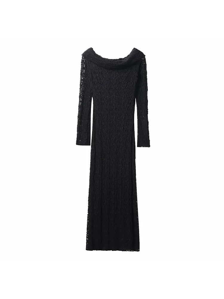 Autumn Winter Knitted Lace Black Midi Dress for Women