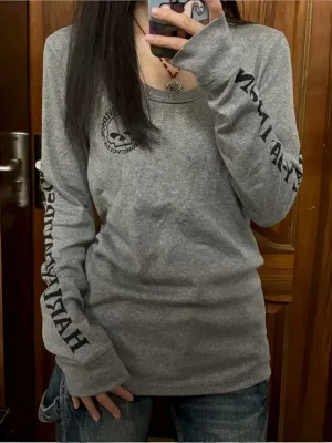 Trendy Skull Print Long Sleeve T Shirt Harajuku Style