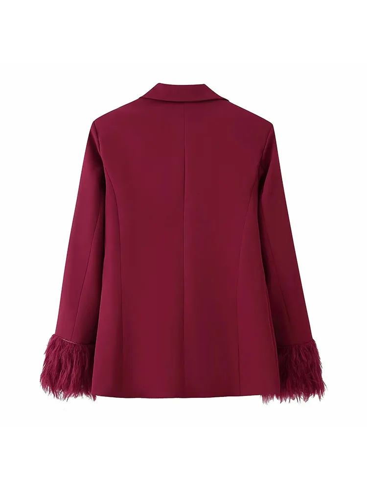 Autumn Winter Women Feathers Blazer Pants Suit - Image 4