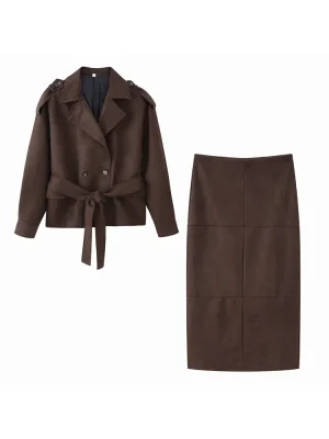 Women’s Slim Vintage Suede Skirt Set with Lace Up Jacket