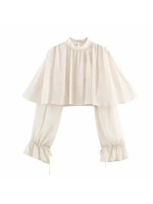 Women’s White Ruffled Long Sleeve High Neck Casual Top