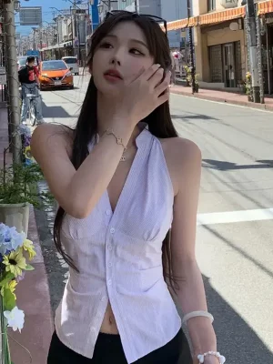 Two-Piece Stripe V-neck Top and Mini Skirt Set