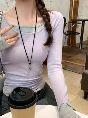 Women's Korean Style O Neck Slim Fit Patchwork T-Shirt