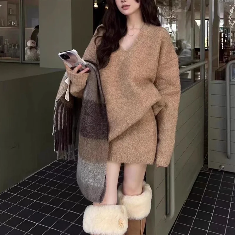 Women's Oversized V Neck Knit Set Sweater and Skirt Two Piece - Image 2