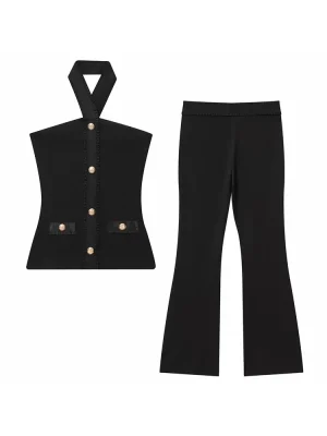 2025 Autumn Slim Halter Two Piece Suit with Flared Pants