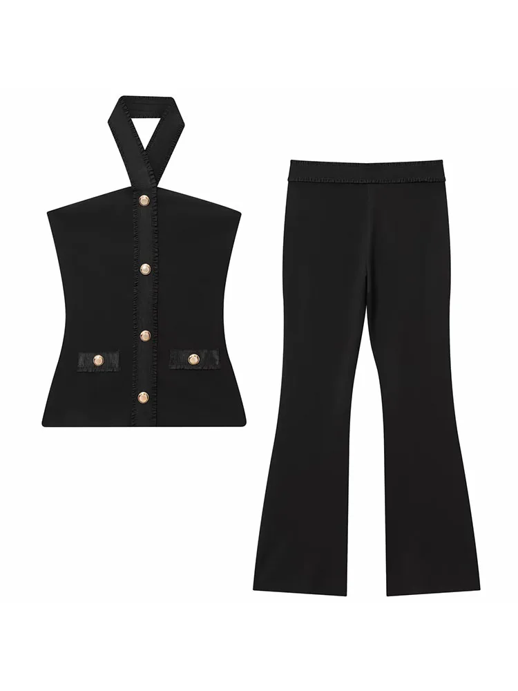2025 Autumn Slim Halter Two Piece Suit with Flared Pants