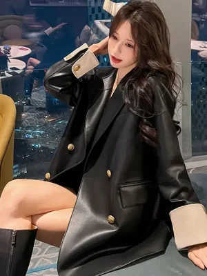 Women’s Black PU Leather Blazer Korean Spring Autumn Coat