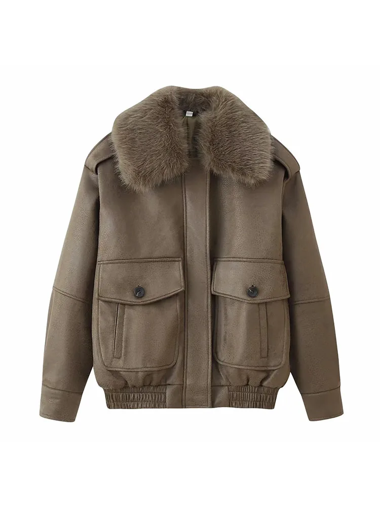 Women’s Loose Fit Fur-Collar Jacket with Pockets - Image 2