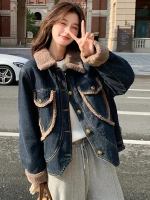 Women's Retro Lamb Fur Denim Coat Korean Winter Jacket