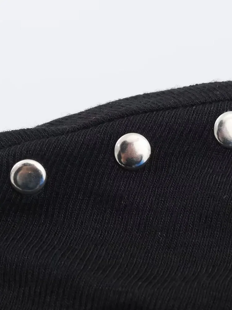 Autumn Winter Black Off Shoulder Rivet T Shirt for Women - Image 5