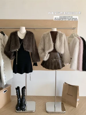 Women's Faux Fur V Neck Short Coat Soft Fluffy Winter Jacket