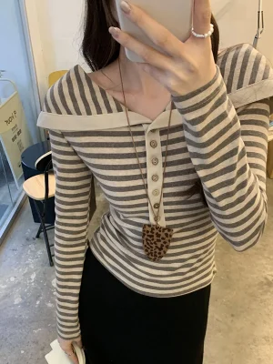 Korean Fashion Striped Lapel T Shirt for Women Autumn Top