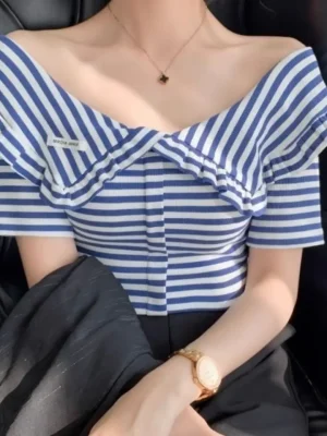 2025 Summer Korean Stripe Off Shoulder Short Sleeve T-Shirt