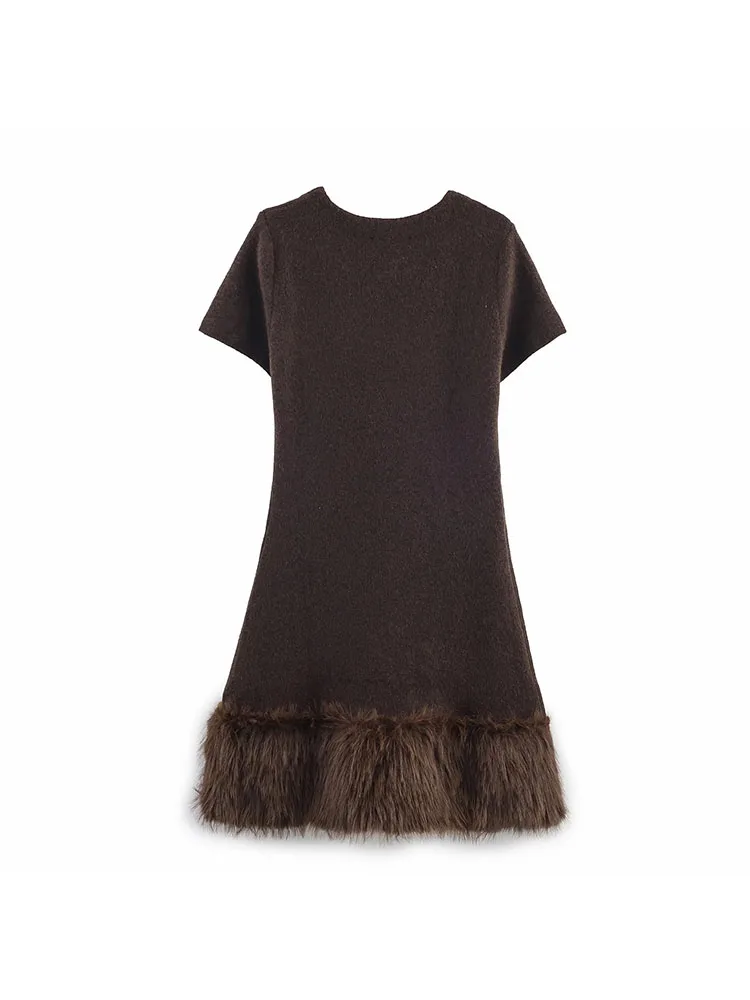 Women’s Brown Fur Patchwork Party Dress - Image 2