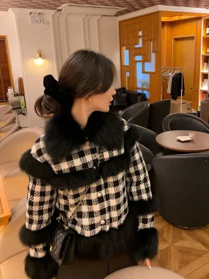 Fur Patchwork Checkerboard Short Coat