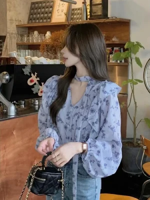 French Elegant Floral Ruffled V-neck Blouse
