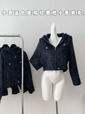 Elegant Hooded Short Tweed Jacket