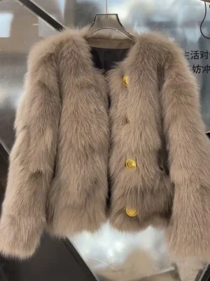 Women's O Neck Faux Fur Coat Single Breasted Winter Top