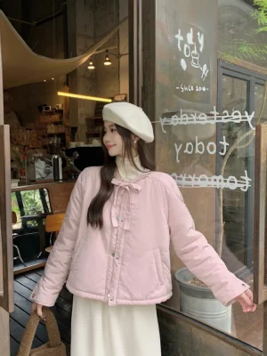 Sweet Pink O-Neck Parka Coat for Women