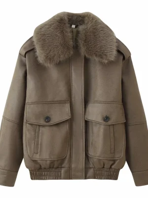 Women’s Loose Fit Fur-Collar Jacket with Pockets