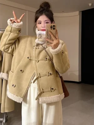 Retro Short Lamb Wool Coat Women Winter