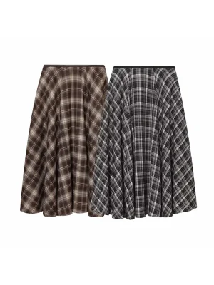 Women’s High-Waist Brown Plaid Umbrella Skirt