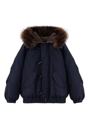 Minimalist Cotton Coat with Horn Buttons & Fur Collar