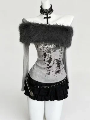 punk One-Shoulder Fur Collar Long Sleeve Tee