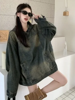 Women's Retro Hooded Denim Jacket American Casual Style