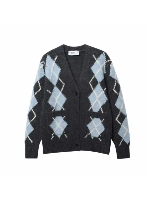 Women’s Argyle Plaid Cardigan Thin Knit Button Jacket