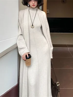 Women's 2025 Autumn Winter Knit Dress Set High Neck Sweater