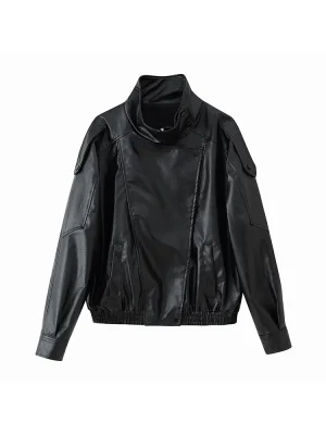 Women’s Stand-Up Collar Leather Jacket