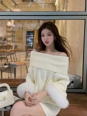 Fashion Simple One Shoulder Fur Pullover Sweater Retro Street Style