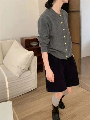 White Knit Cardigan with Gold Buttons