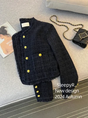High-End Navy Tweed Short Coat