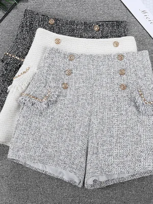 Fringe Trim Tweed High-Waist Shorts for Women