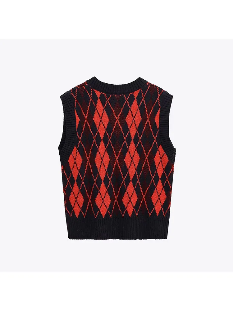 Women’s Color-Blocked Diamond Pattern Vest - Image 2
