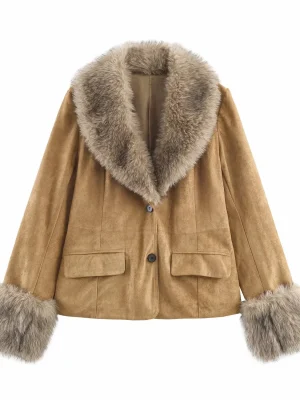 Women’s Suede Faux Fur Lapel Jacket