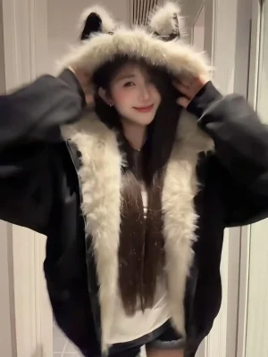 Cute Rabbit Ear Furry Hooded Zip Jacket