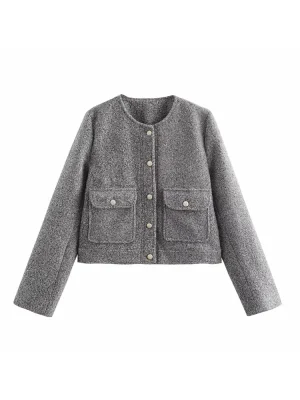 Women’s Textured Long Sleeve O Neck Short Coat