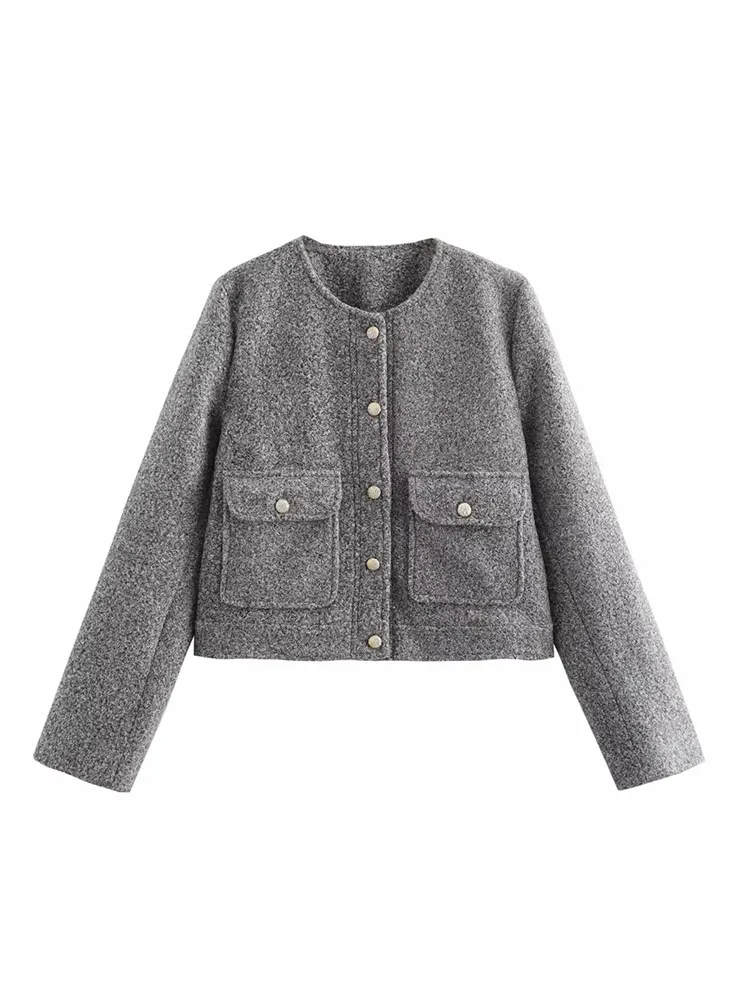 Women’s Textured Long Sleeve O Neck Short Coat