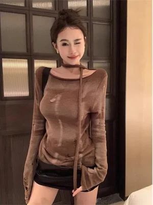 Women’s Knitted Hollow Out T Shirt Retro Lazy Style Sweater