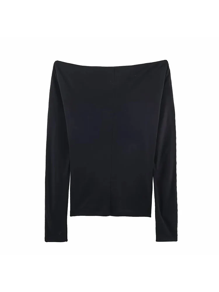 Autumn Winter Black Off Shoulder Rivet T Shirt for Women - Image 2