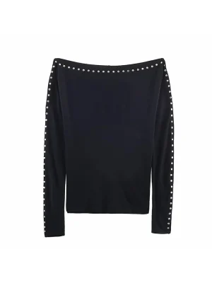 Autumn Winter Black Off Shoulder Rivet T Shirt for Women
