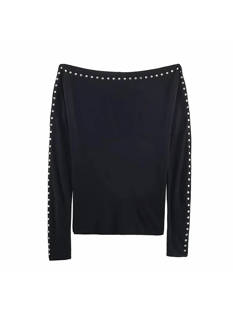 Autumn Winter Black Off Shoulder Rivet T Shirt for Women