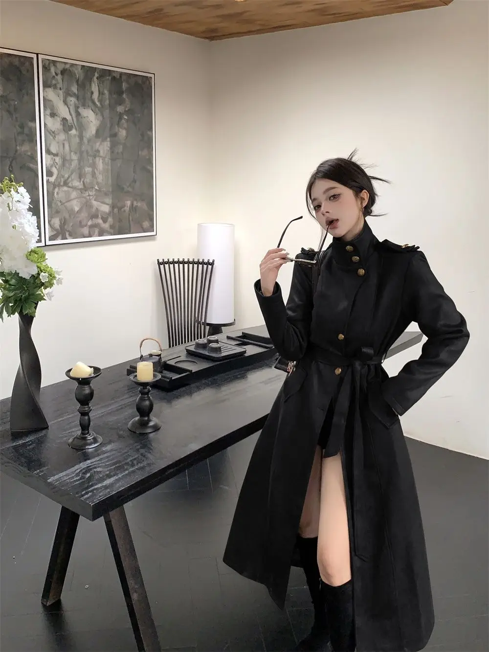 Women's 2025 Oversized Faux Leather Trench Coat with Belt - Image 4