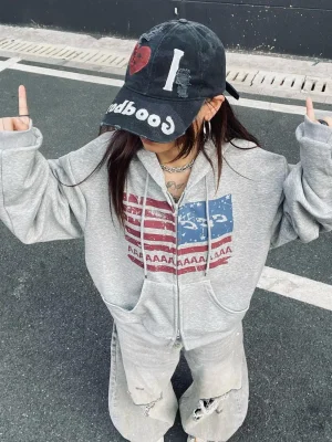 Trendy Retro Print Zipper Hoodie for Women