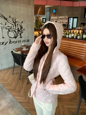 Korean Pink Hooded Padded Coat Women